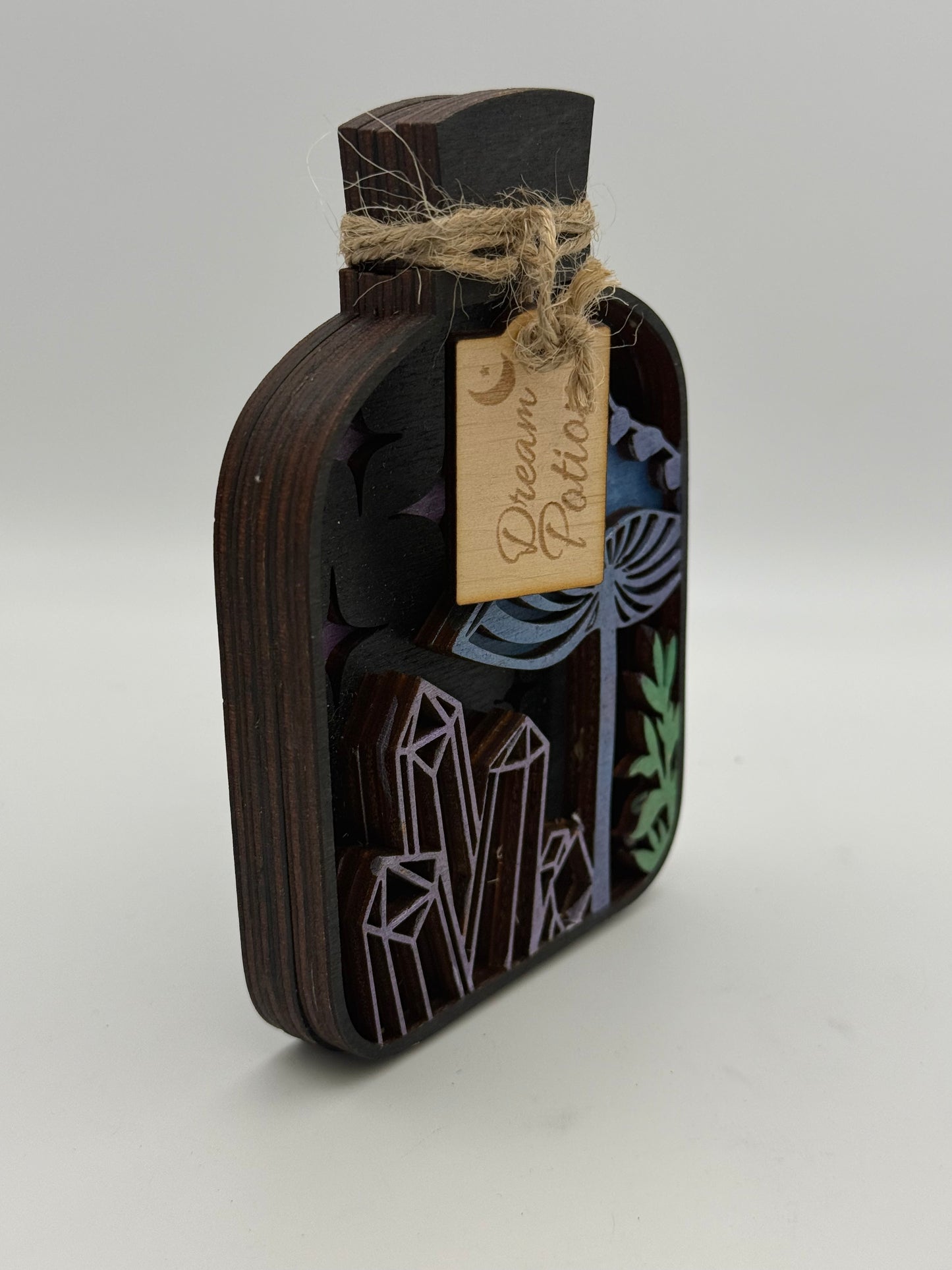 Handmade Gothic Skull & Potion Bottle Wooden Decorations – Layered Laser Cut Art
