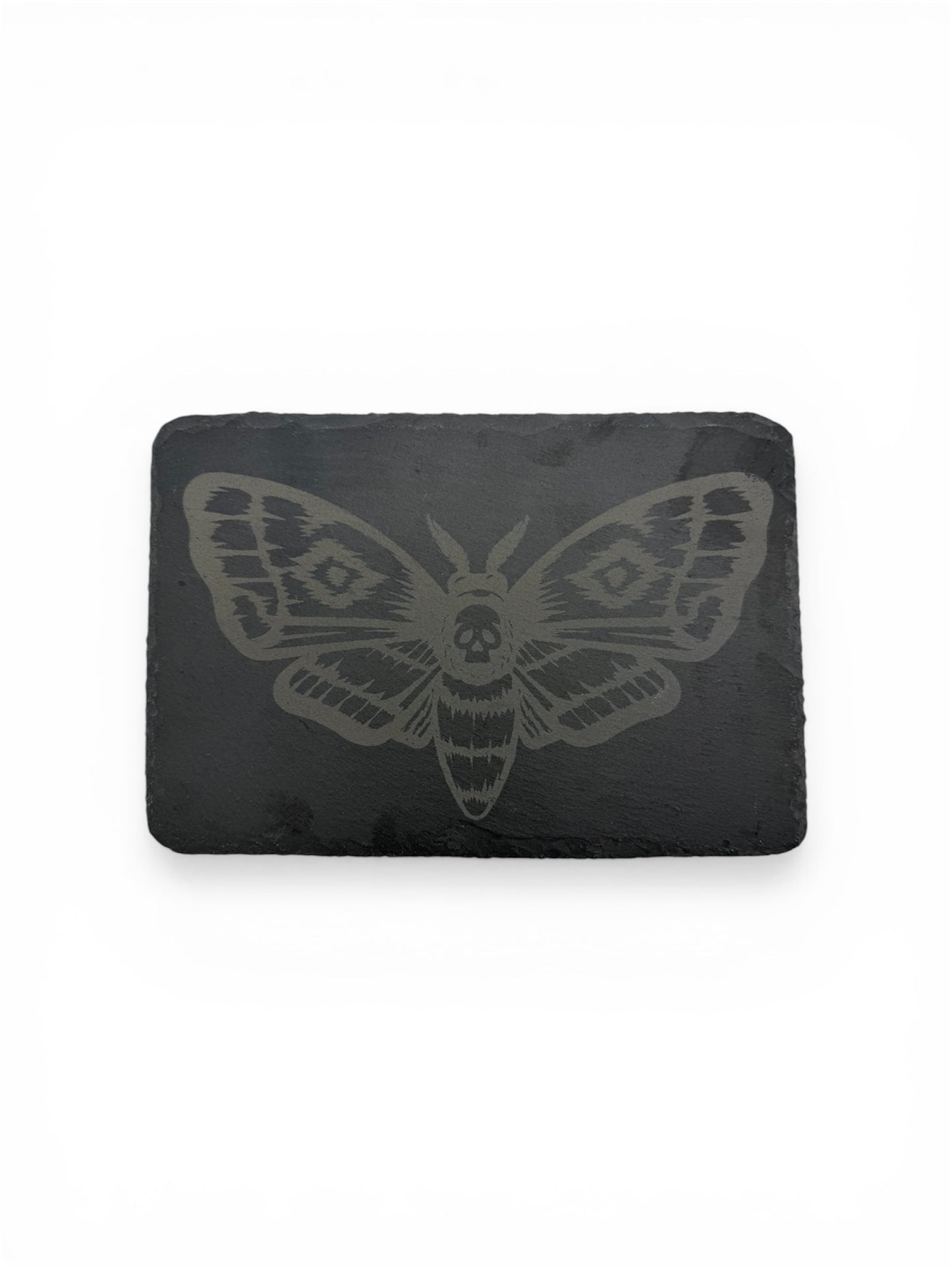 Laser Engraved Slate Serving Platter – Death’s Head Moth Design – Rustic Gothic Cheese Board – 22x15cm