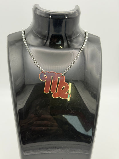 Iridescent Zodiac Sign Necklace – Acrylic Astrology Pendant on stainless steel Chain