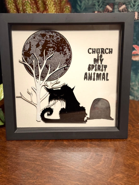 Church Is My Spirit Animal – Gothic Black Cat Framed Papercut Artwork Pet Sematary