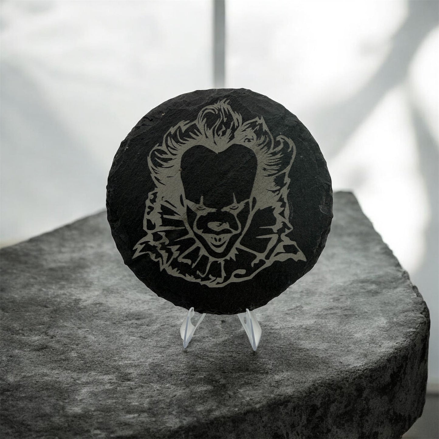 Pennywise Slate Coaster 10cm – Laser Engraved Rough Edge Stone Coaster | Horror Movie Inspired Gift | Rustic Drink Coaster