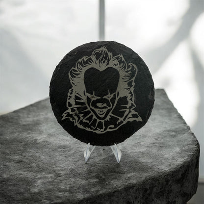 Pennywise Slate Coaster 10cm – Laser Engraved Rough Edge Stone Coaster | Horror Movie Inspired Gift | Rustic Drink Coaster
