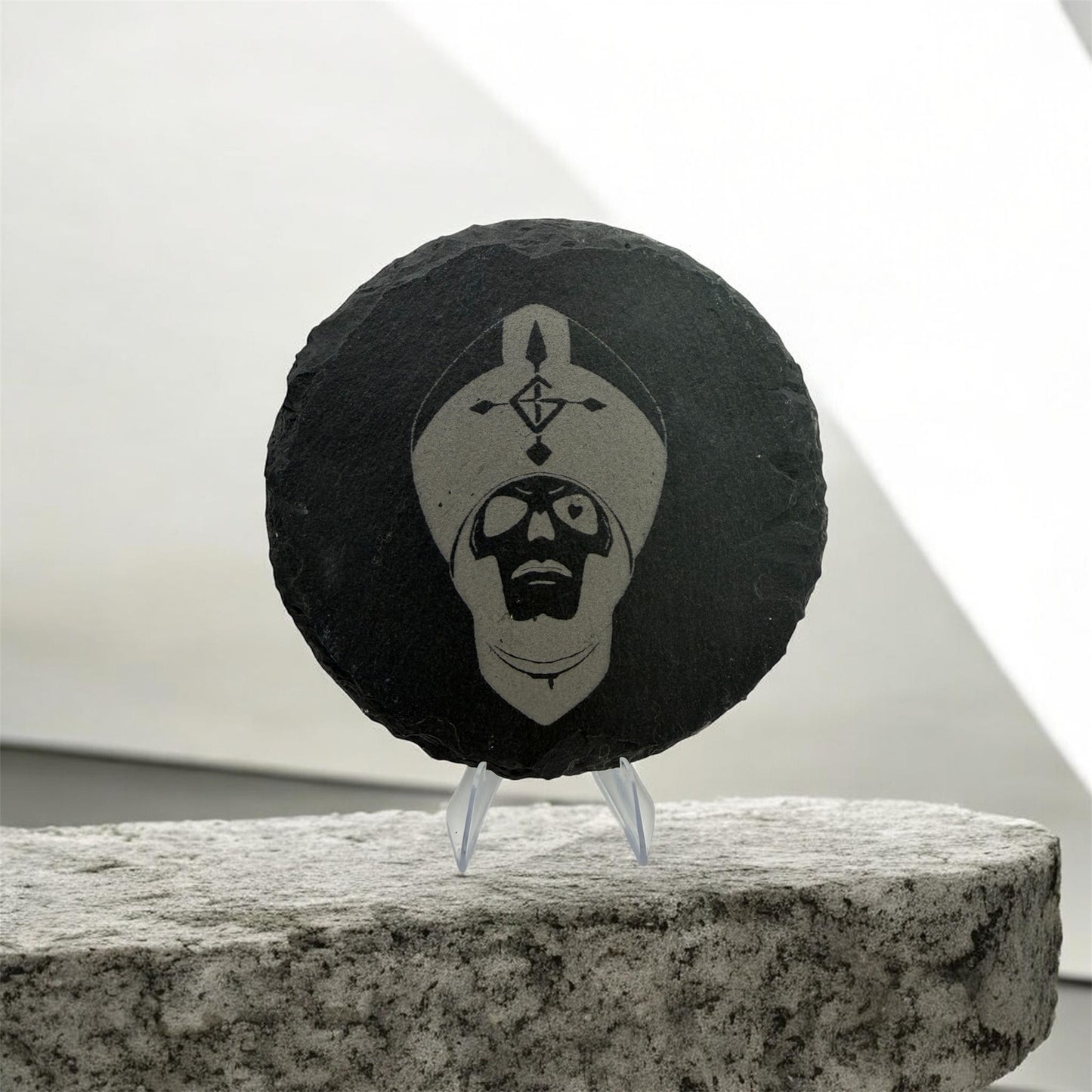 Papa Ghost Slate Coaster 10cm – Laser Engraved Rough Edge Stone Coaster | Rock Band Inspired Gift | Gothic Drink Coaster