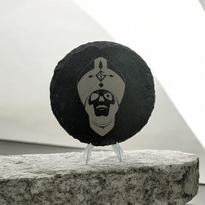 Papa Ghost Slate Coaster 10cm – Laser Engraved Rough Edge Stone Coaster | Rock Band Inspired Gift | Gothic Drink Coaster