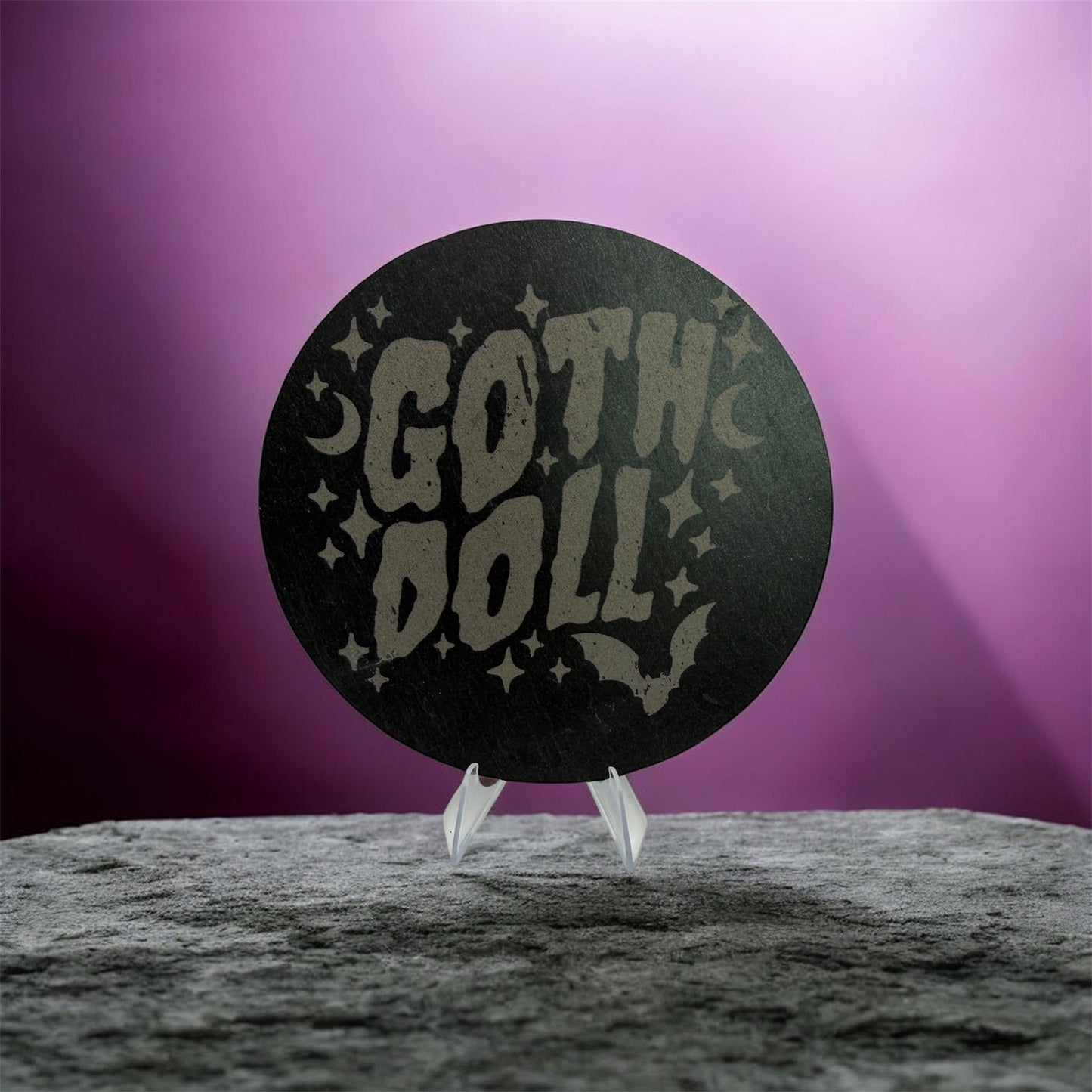 Goth Doll Slate Coaster 10cm – Laser Engraved Stone Coaster | Gothic Aesthetic Decor | Alternative Gift