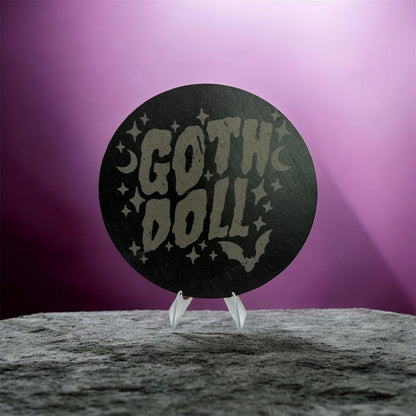 Goth Doll Slate Coaster 10cm – Laser Engraved Stone Coaster | Gothic Aesthetic Decor | Alternative Gift