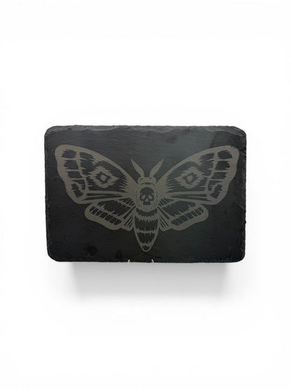 Laser Engraved Slate Serving Platter – Death’s Head Moth Design – Rustic Gothic Cheese Board – 22x15cm