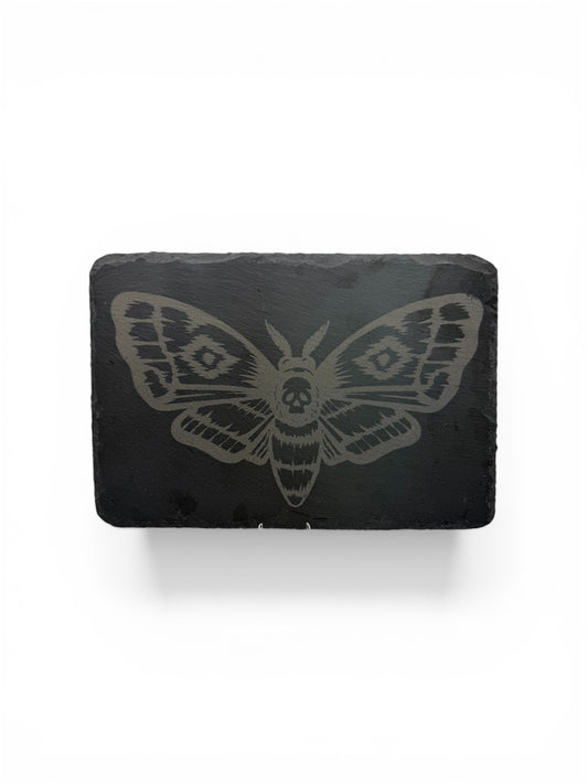 Laser Engraved Slate Serving Platter – Death’s Head Moth Design – Rustic Gothic Cheese Board – 22x15cm