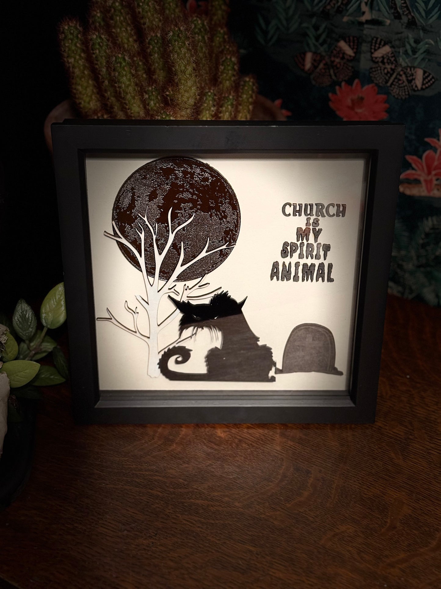 Church Is My Spirit Animal – Gothic Black Cat Framed Papercut Artwork Pet Sematary