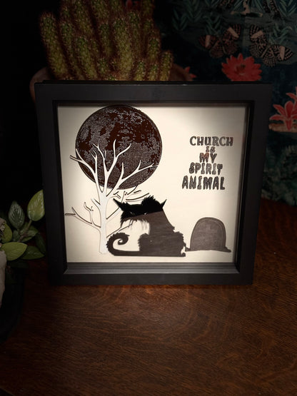 Church Is My Spirit Animal – Gothic Black Cat Framed Papercut Artwork Pet Sematary