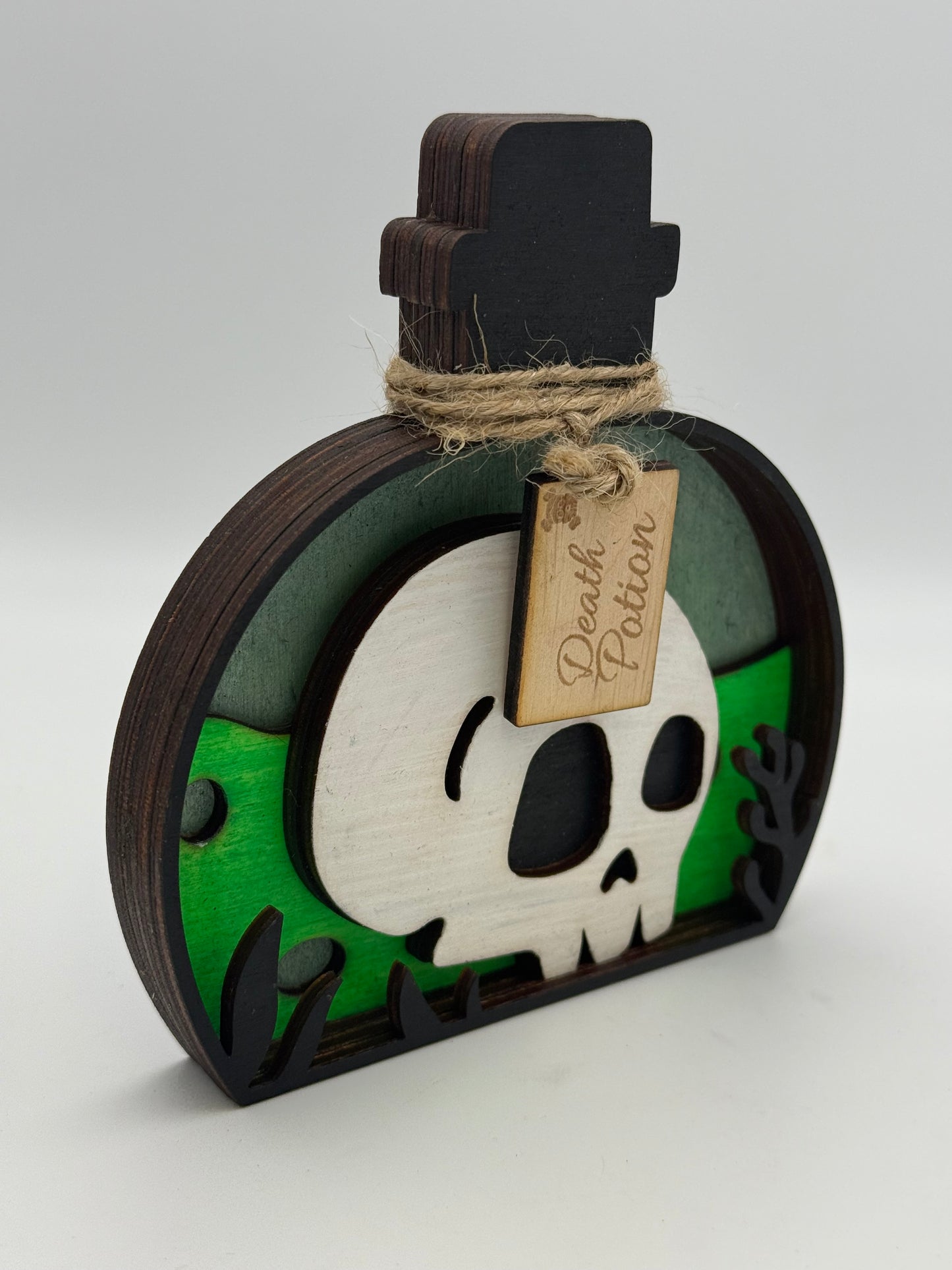 Handmade Gothic Skull & Potion Bottle Wooden Decorations – Layered Laser Cut Art