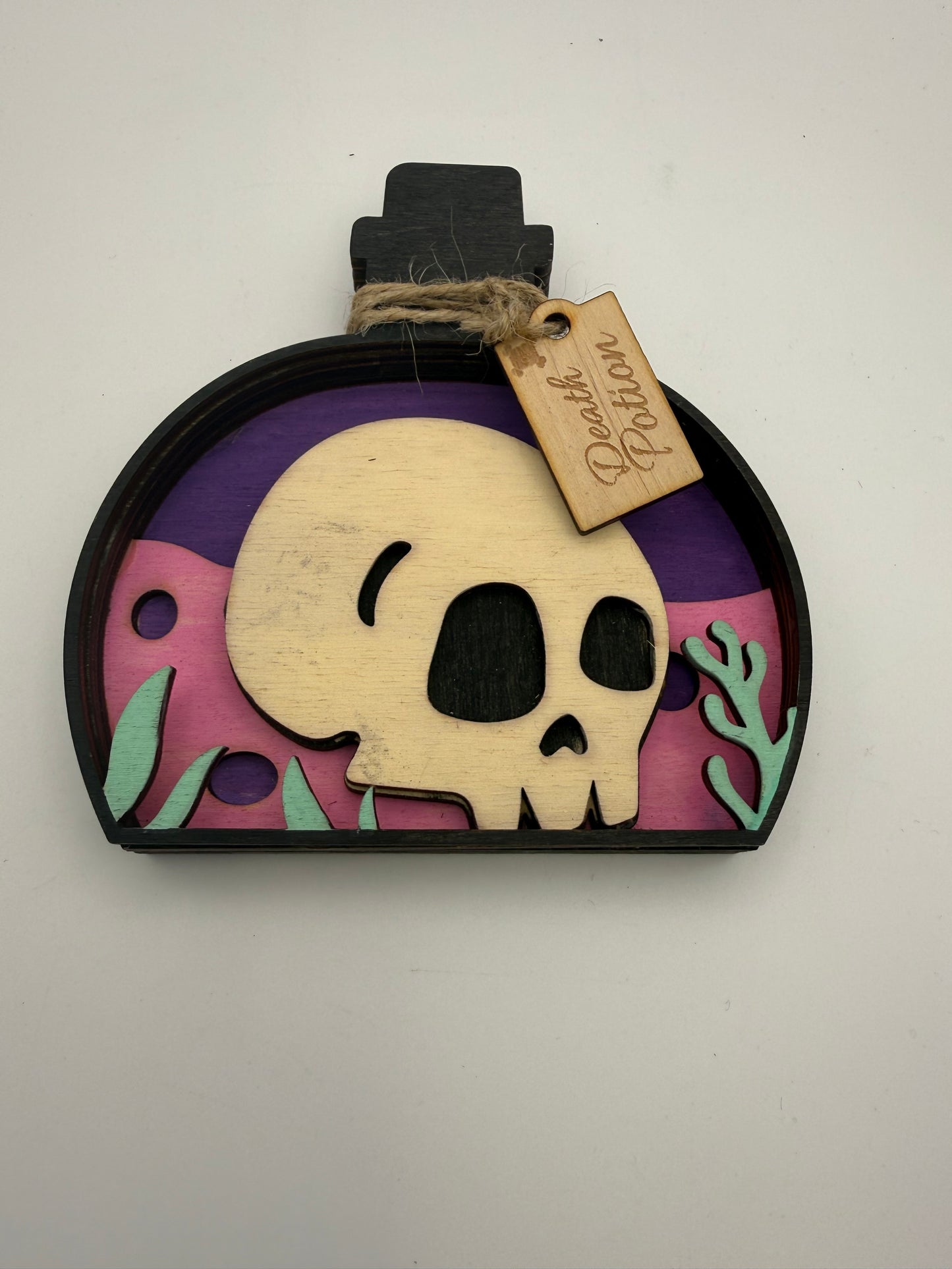 Handmade Gothic Skull & Potion Bottle Wooden Decorations – Layered Laser Cut Art