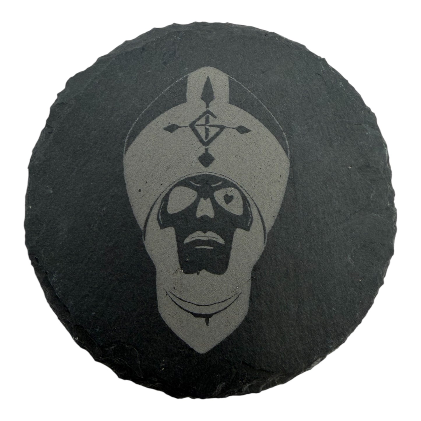 Papa Ghost Slate Coaster 10cm – Laser Engraved Rough Edge Stone Coaster | Rock Band Inspired Gift | Gothic Drink Coaster
