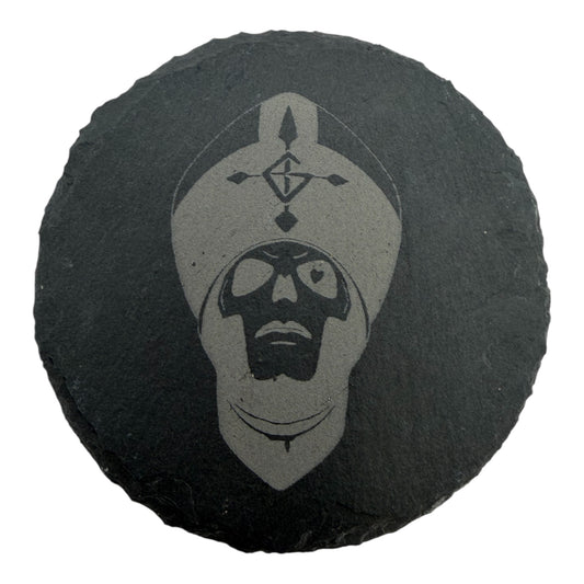 Papa Ghost Slate Coaster 10cm – Laser Engraved Rough Edge Stone Coaster | Rock Band Inspired Gift | Gothic Drink Coaster