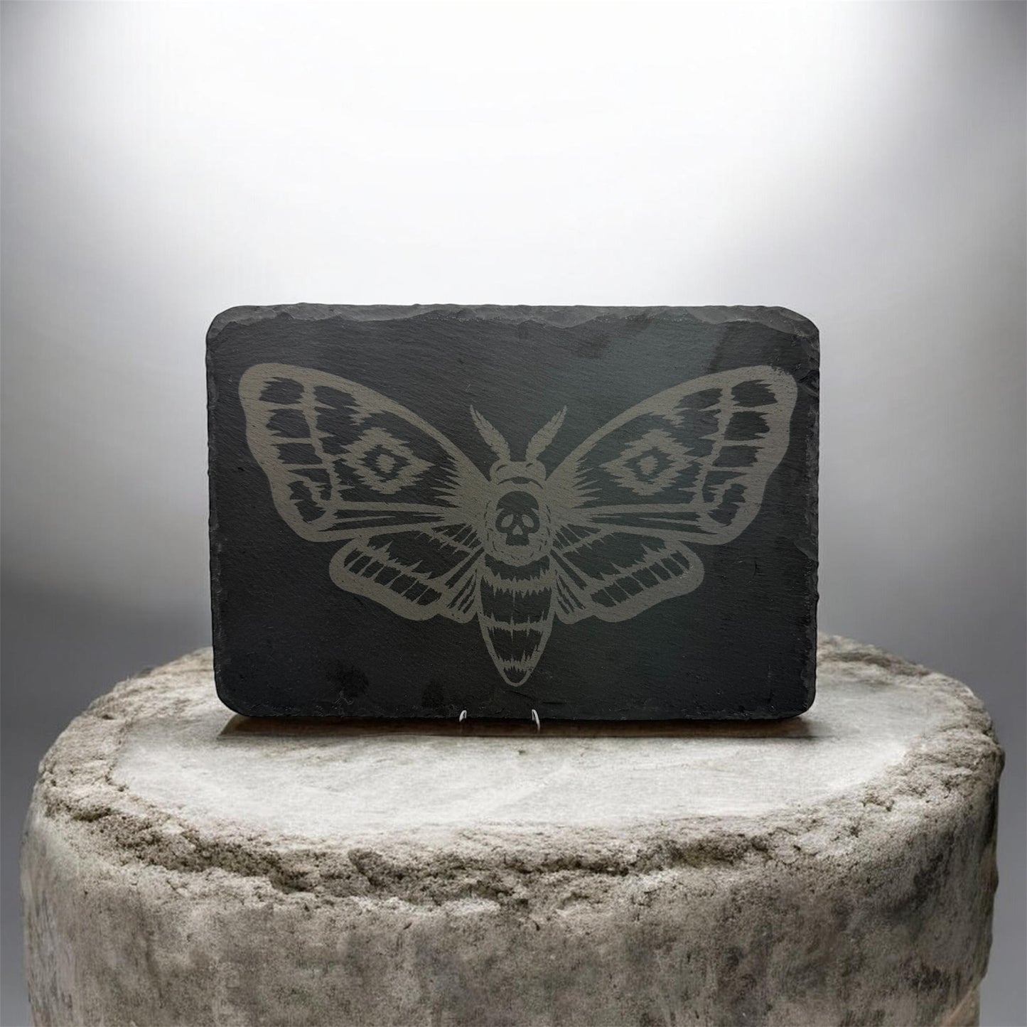 Laser Engraved Slate Serving Platter – Death’s Head Moth Design – Rustic Gothic Cheese Board – 22x15cm