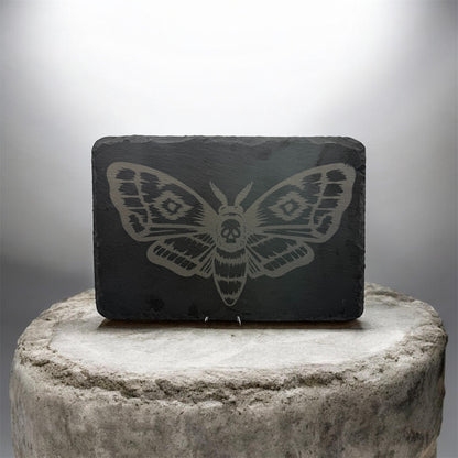 Laser Engraved Slate Serving Platter – Death’s Head Moth Design – Rustic Gothic Cheese Board – 22x15cm