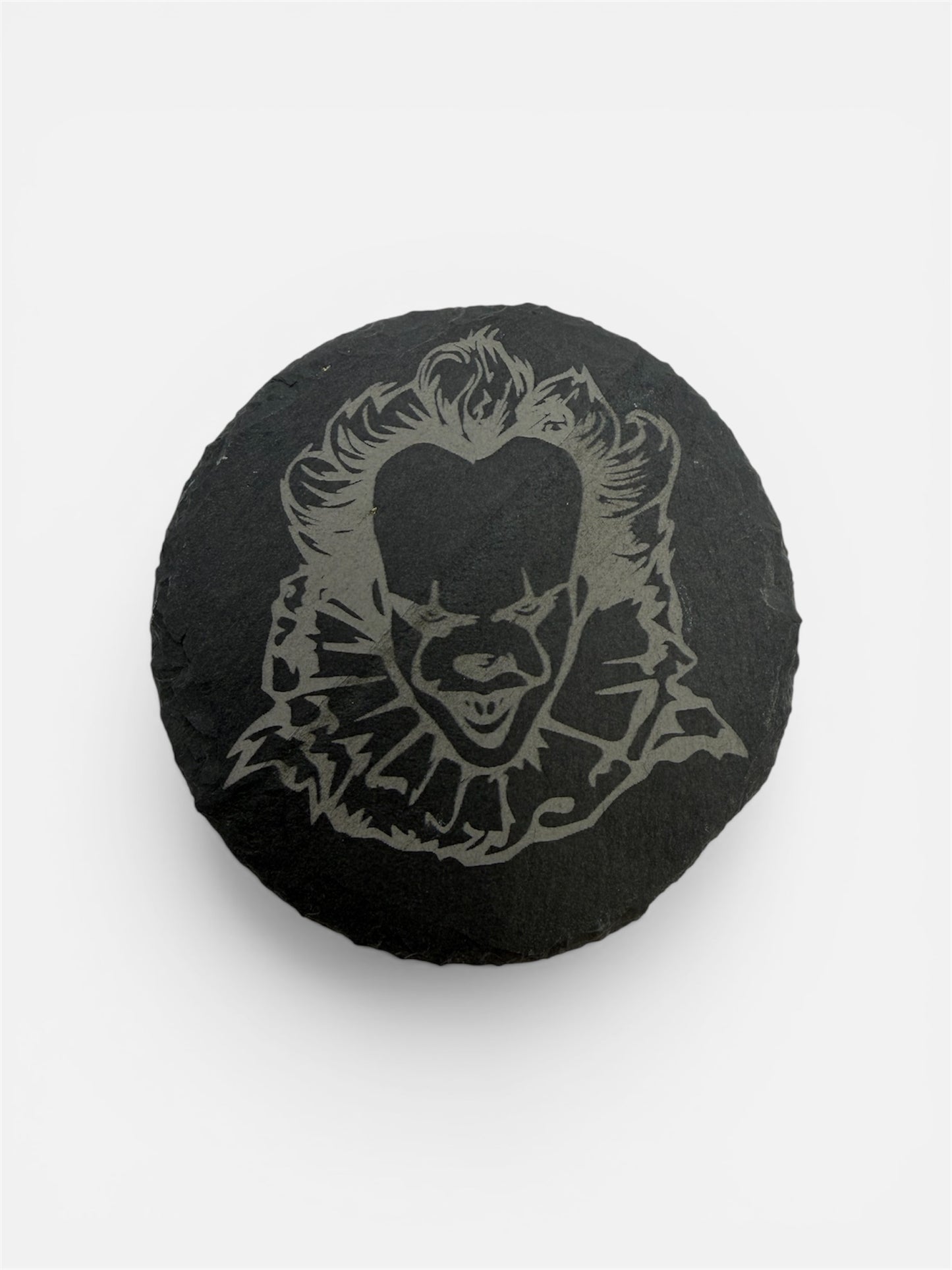 Pennywise Slate Coaster 10cm – Laser Engraved Rough Edge Stone Coaster | Horror Movie Inspired Gift | Rustic Drink Coaster