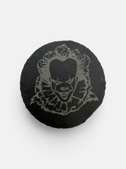 Pennywise Slate Coaster 10cm – Laser Engraved Rough Edge Stone Coaster | Horror Movie Inspired Gift | Rustic Drink Coaster