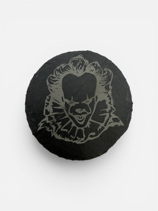 Pennywise Slate Coaster 10cm – Laser Engraved Rough Edge Stone Coaster | Horror Movie Inspired Gift | Rustic Drink Coaster