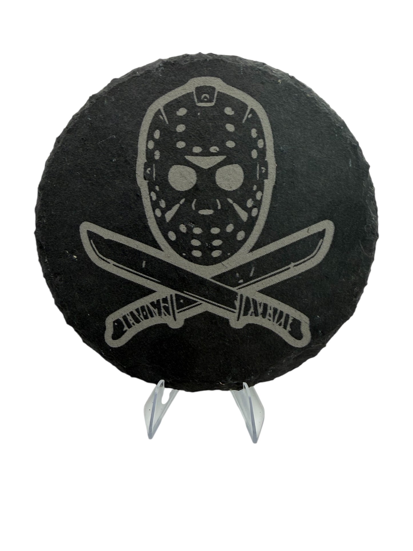 Friday 13 Jason Slate Coaster 10cm – Laser Engraved Rough Edge Stone Coaster | Horror Movie Inspired Gift | Rustic Drink Coaster