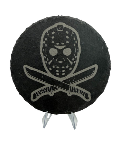 Friday 13 Jason Slate Coaster 10cm – Laser Engraved Rough Edge Stone Coaster | Horror Movie Inspired Gift | Rustic Drink Coaster