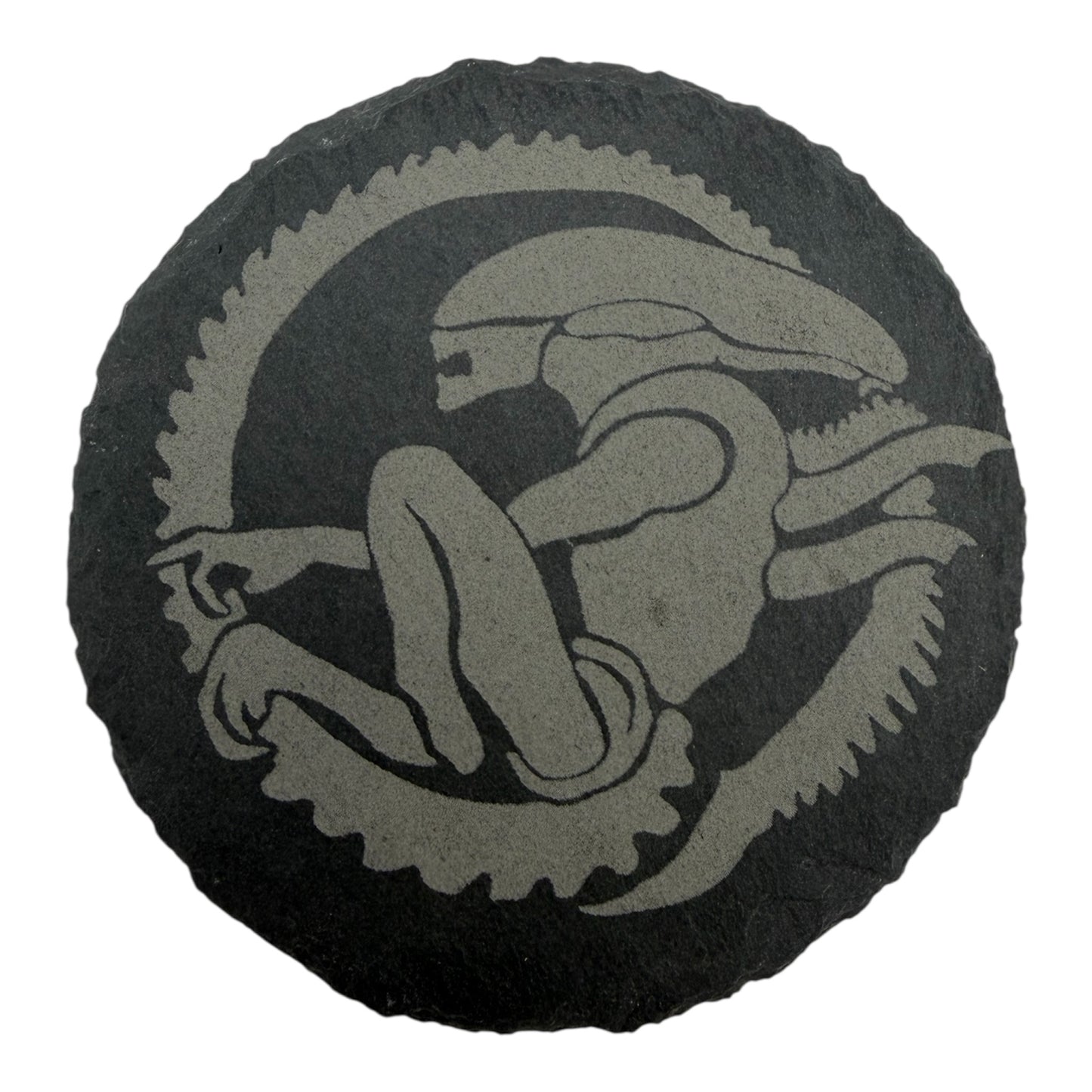 Predator Slate Coaster 10cm – Laser Engraved Rough Edge Stone Coaster | Sci-Fi Movie Gift | Rustic Drink Coaster