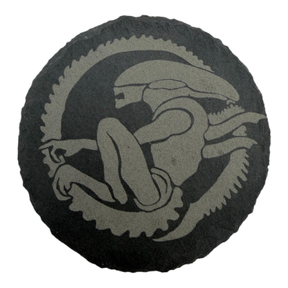Predator Slate Coaster 10cm – Laser Engraved Rough Edge Stone Coaster | Sci-Fi Movie Gift | Rustic Drink Coaster