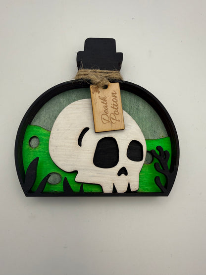 Handmade Gothic Skull & Potion Bottle Wooden Decorations – Layered Laser Cut Art