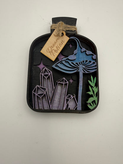 Handmade Gothic Skull & Potion Bottle Wooden Decorations – Layered Laser Cut Art