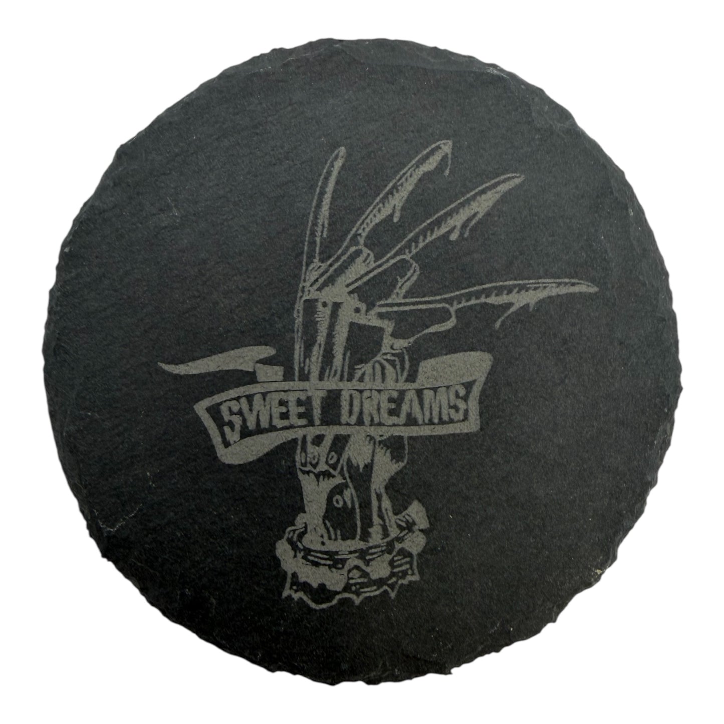 Nightmare on Elm Street Slate Coaster 10cm – Laser Engraved Rough Edge Stone Coaster | Horror Movie Inspired Gift | Rustic Drink Coaster