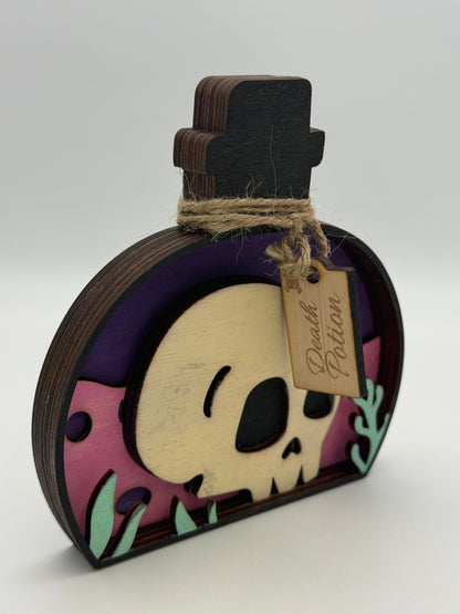 Handmade Gothic Skull & Potion Bottle Wooden Decorations – Layered Laser Cut Art