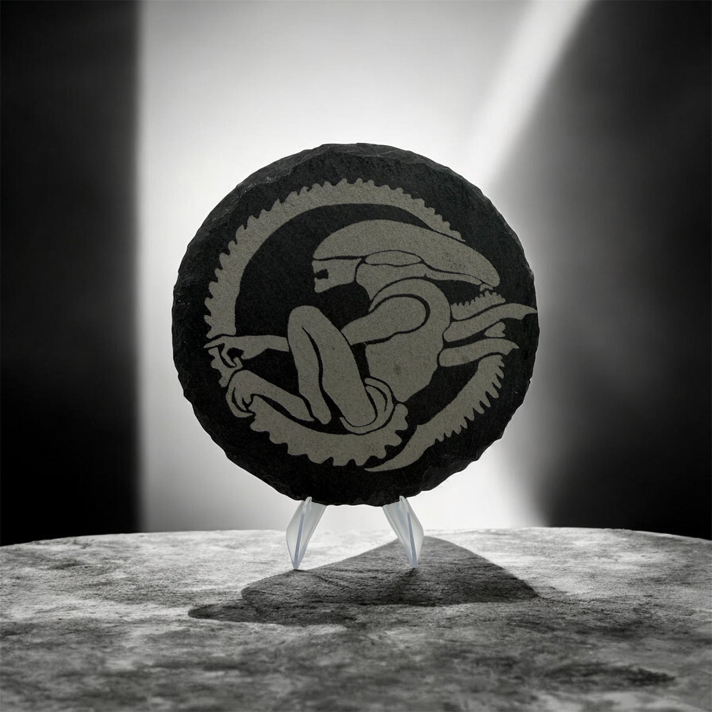 Predator Slate Coaster 10cm – Laser Engraved Rough Edge Stone Coaster | Sci-Fi Movie Gift | Rustic Drink Coaster