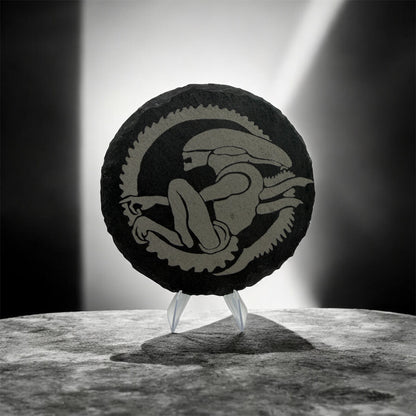 Predator Slate Coaster 10cm – Laser Engraved Rough Edge Stone Coaster | Sci-Fi Movie Gift | Rustic Drink Coaster