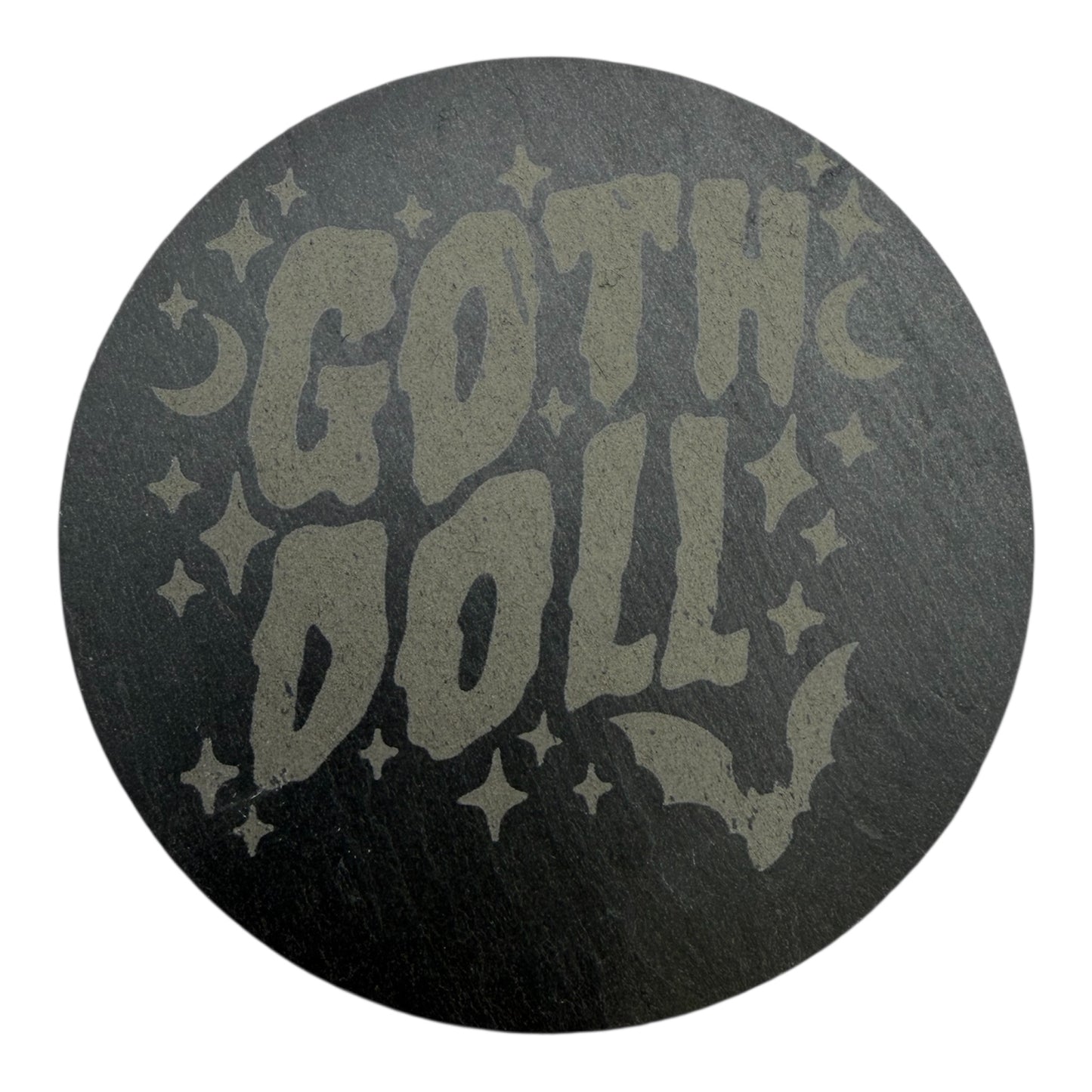 Goth Doll Slate Coaster 10cm – Laser Engraved Stone Coaster | Gothic Aesthetic Decor | Alternative Gift