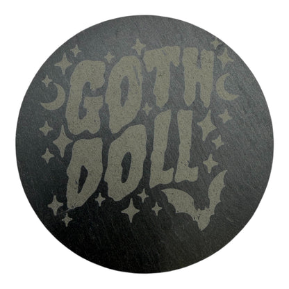 Goth Doll Slate Coaster 10cm – Laser Engraved Stone Coaster | Gothic Aesthetic Decor | Alternative Gift