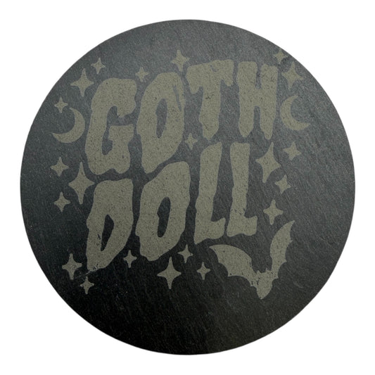 Goth Doll Slate Coaster 10cm – Laser Engraved Stone Coaster | Gothic Aesthetic Decor | Alternative Gift