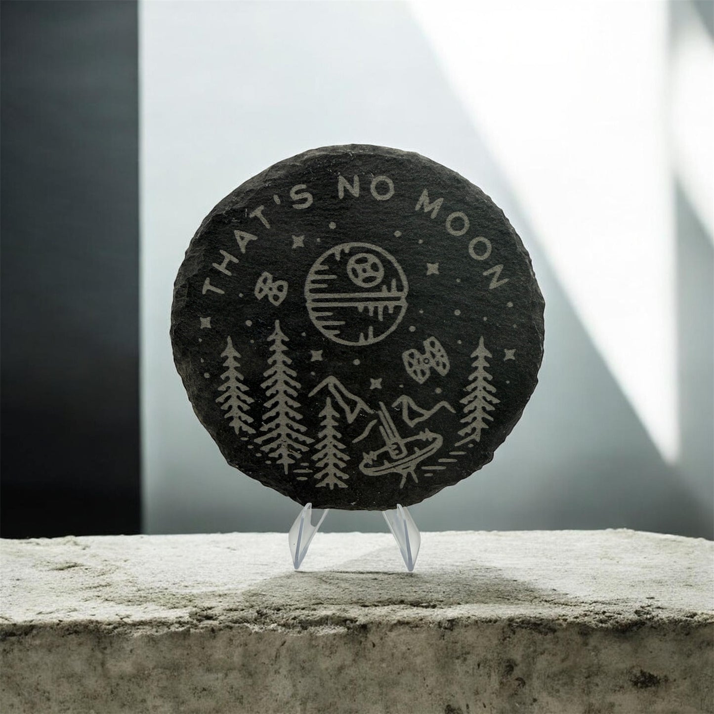 That’s No Moon Slate Coaster 10cm – Laser Engraved Rough Edge Stone Coaster | Sci-Fi Gift | Rustic Drink Coaster