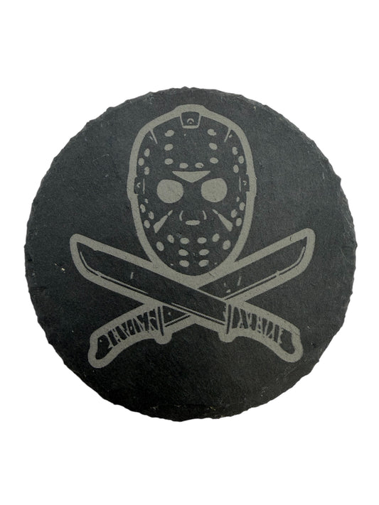 Friday 13 Jason Slate Coaster 10cm – Laser Engraved Rough Edge Stone Coaster | Horror Movie Inspired Gift | Rustic Drink Coaster