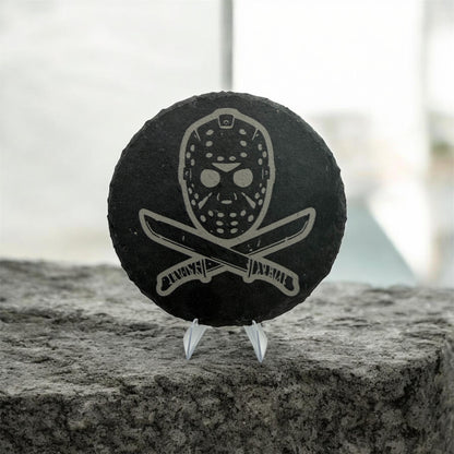 Friday 13 Jason Slate Coaster 10cm – Laser Engraved Rough Edge Stone Coaster | Horror Movie Inspired Gift | Rustic Drink Coaster