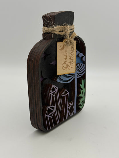 Handmade Gothic Skull & Potion Bottle Wooden Decorations – Layered Laser Cut Art