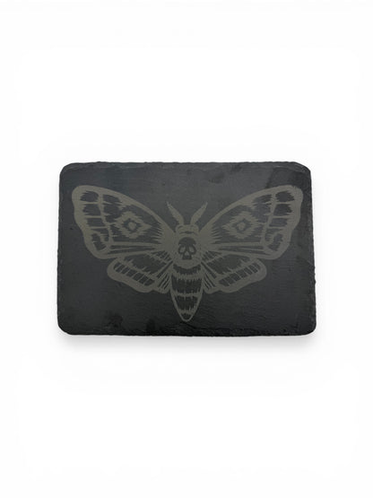 Laser Engraved Slate Serving Platter – Death’s Head Moth Design – Rustic Gothic Cheese Board – 22x15cm