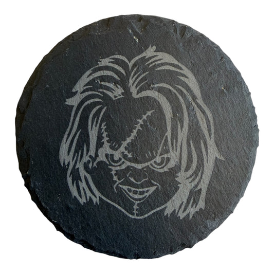 Chucky Slate Coaster 10cm – Laser Engraved Rough Edge Stone Coaster | Horror Movie Gift | Rustic Drink Coaster