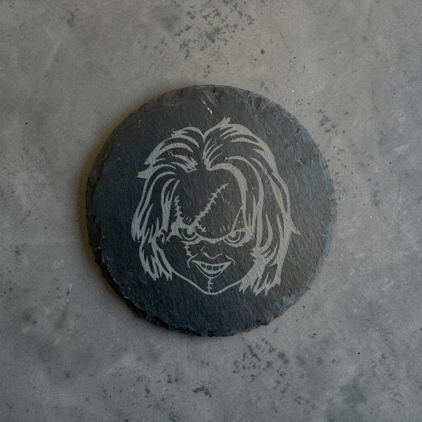 Chucky Slate Coaster 10cm – Laser Engraved Rough Edge Stone Coaster | Horror Movie Gift | Rustic Drink Coaster
