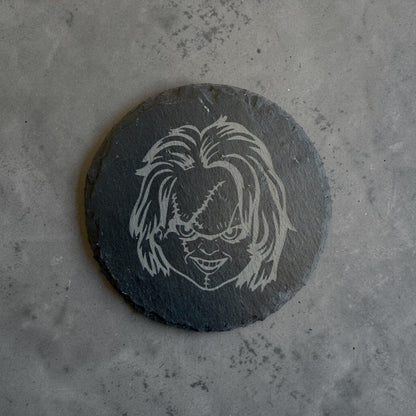 Chucky Slate Coaster 10cm – Laser Engraved Rough Edge Stone Coaster | Horror Movie Gift | Rustic Drink Coaster